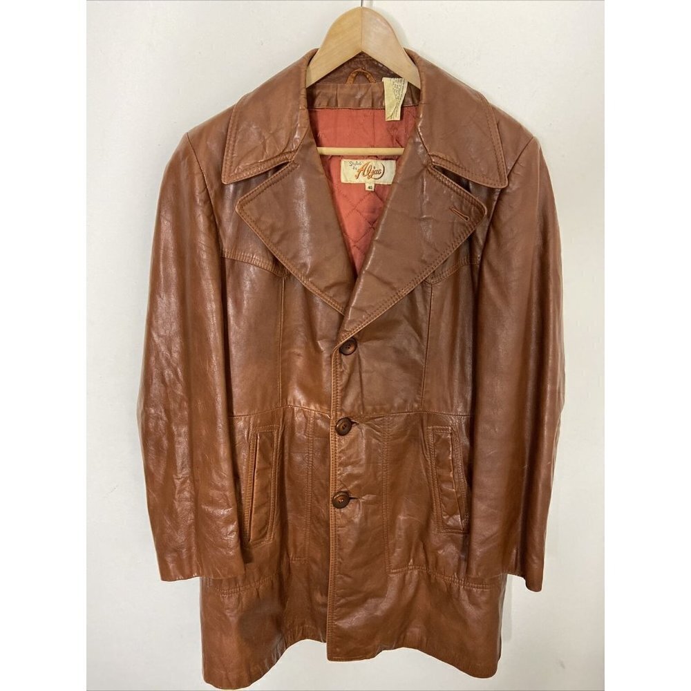 Vintage‎ Aljac Men 40 70s Brown Leather Coat Lined Cold weather Wool Plaid Coat